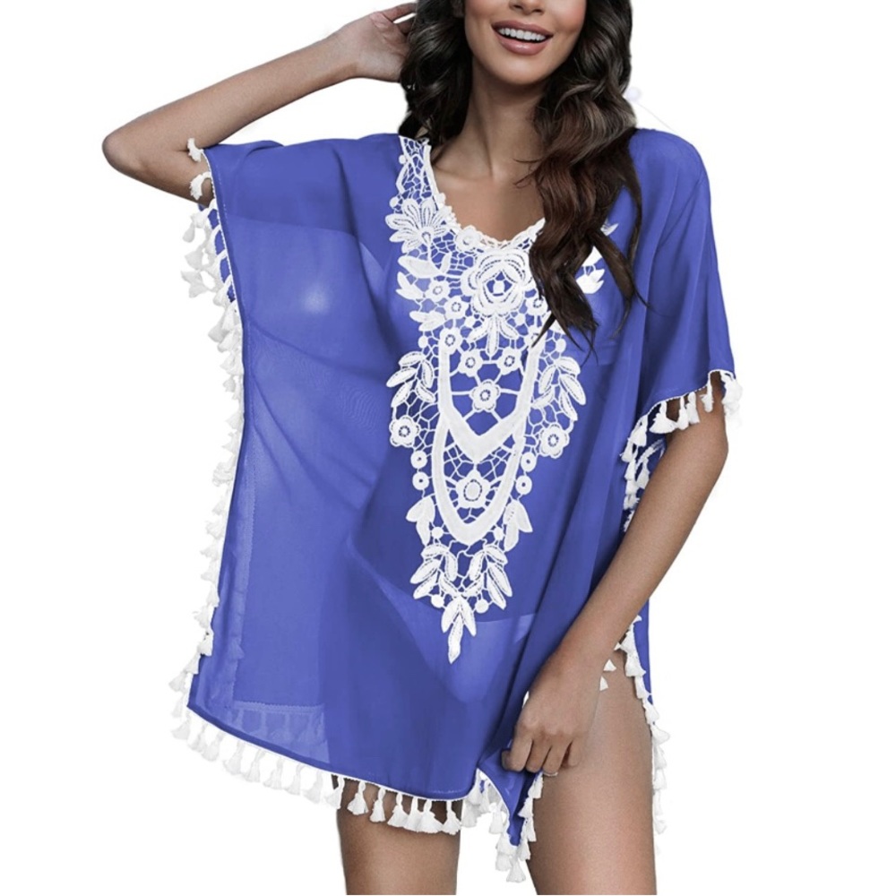 Royal blue w/ white lace & fringe trim swimsuit cover-up. One size
